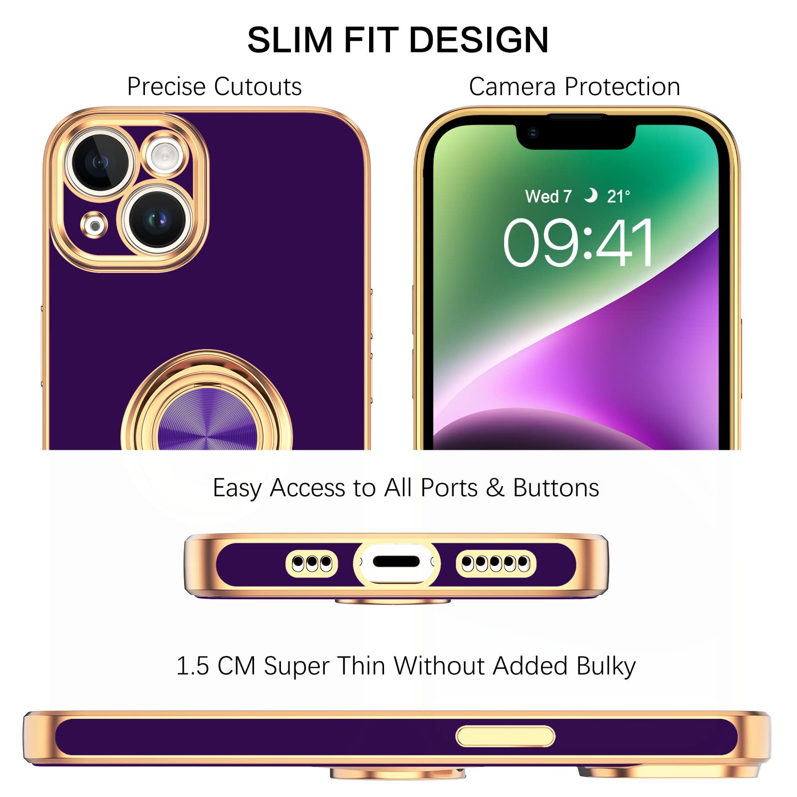 Veningo Compatible With Apple 14 Case,Phone Case For 14,Slim Fit Soft 360 Ring Holder Kickstand Magnetic Car Mount Supported Eas